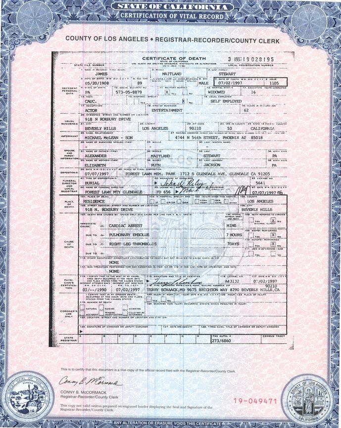 Jimmy Stewart's Death Certificate