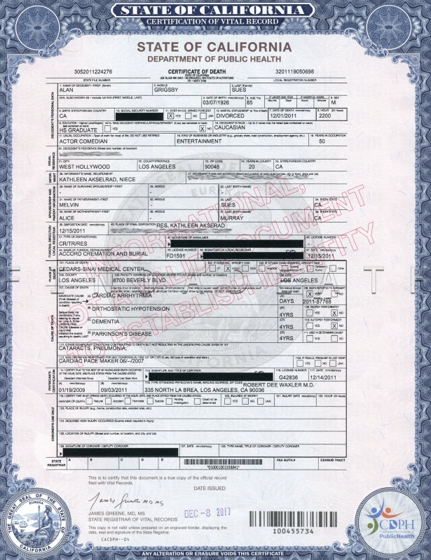 Alan Sues' Death Certificate