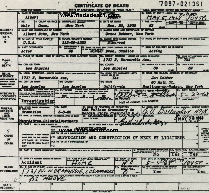 Albert Dekker's Death Certificate