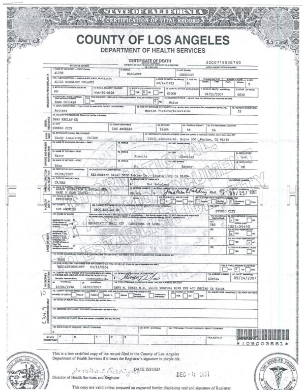 Alice Ghostley's Death Certificate
