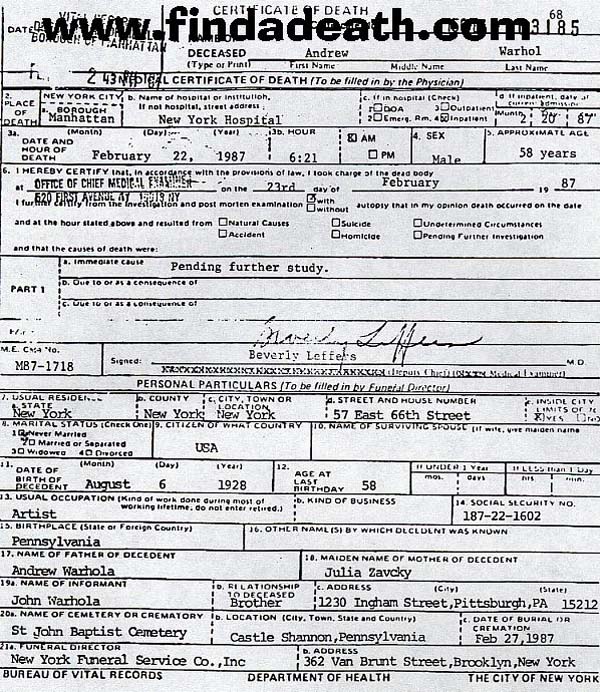 Andy Warhol's Death Certificate