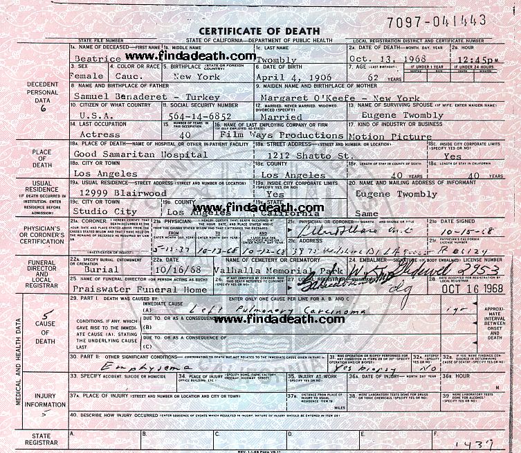 Bea Benaderet's Death Certificate