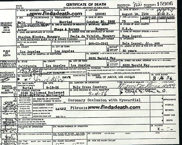 Bela Lugosi's Death Certificate