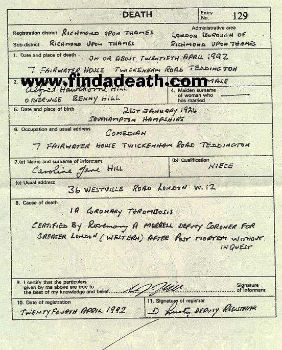 Benny Hill's Death Certificate
