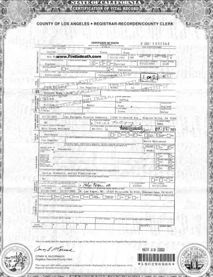 Bob Hope's Death Certificate