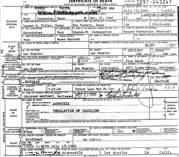 Bobby Fuller's Death Certificate