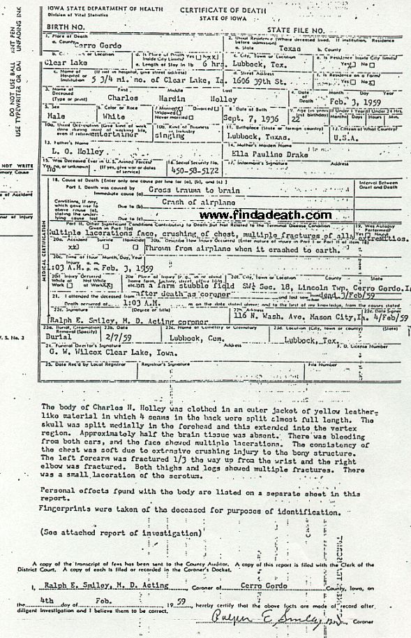 Buddy Holly's Death Certificate