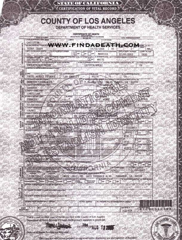 Buddy Ebson's Death Certificate