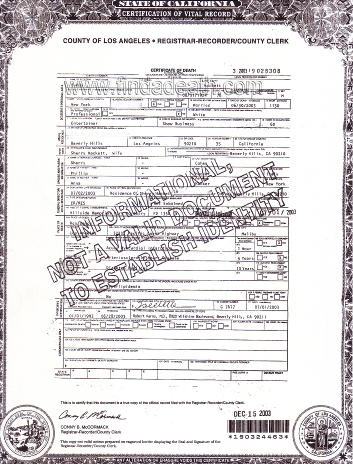 Buddy Hackett's Death Certificate