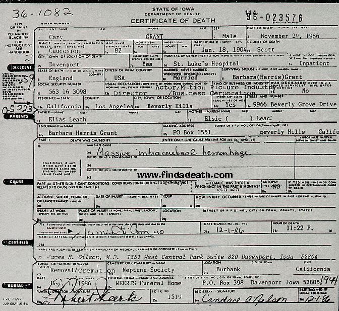 Cary Grant's Death Certificate