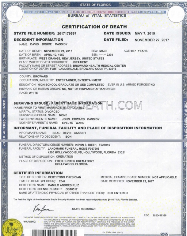 Cassidy Death Certificate