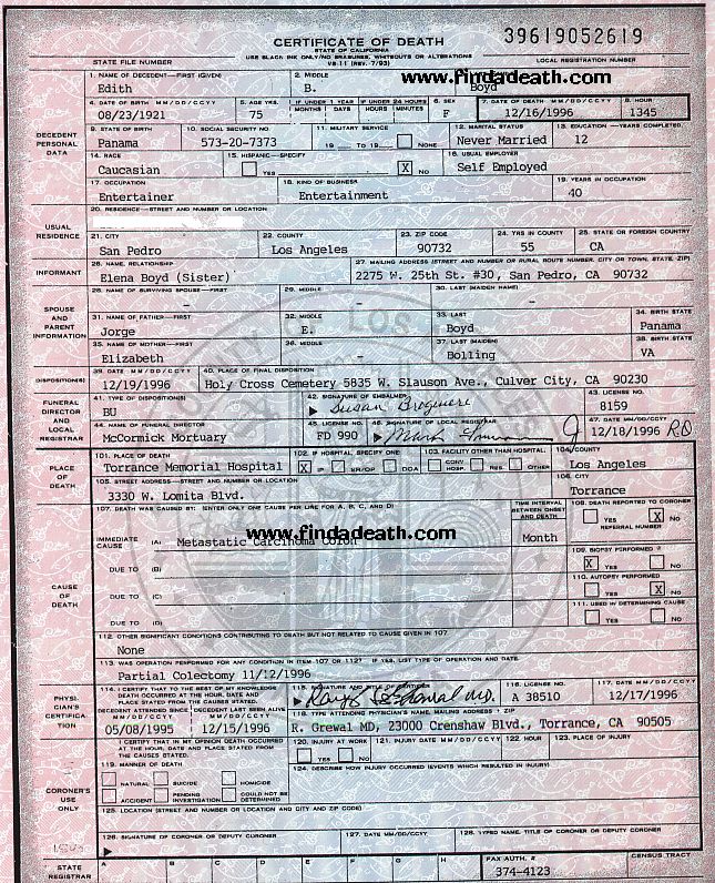 Edith Boyd's Death Certificate