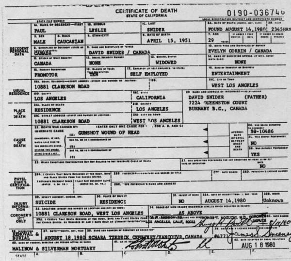 Paul Snider's Death Certificate