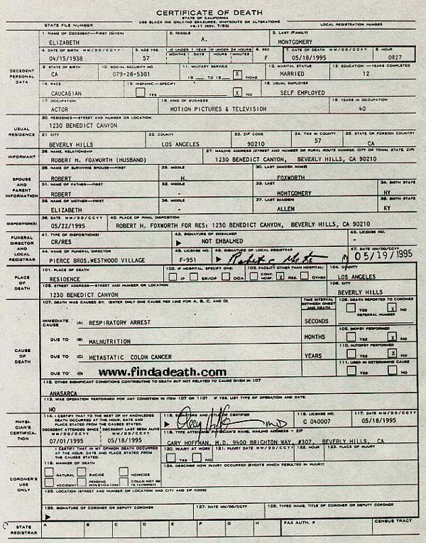 Elizabeth Montgomery's Death Certificate