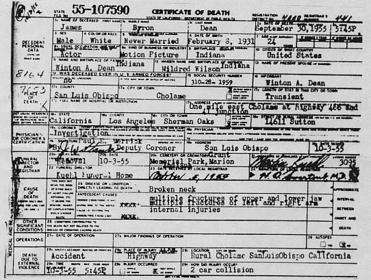 James Dean's Death Certificate