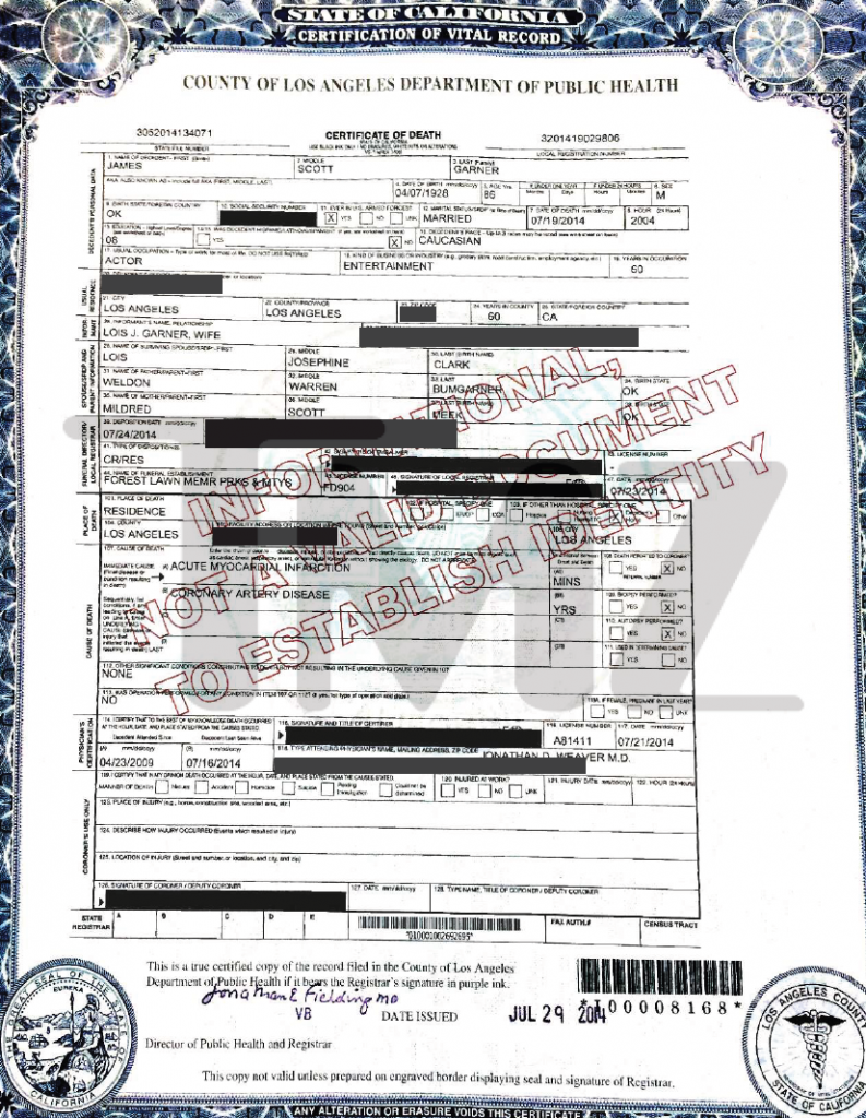 James Garner's Death Certificate