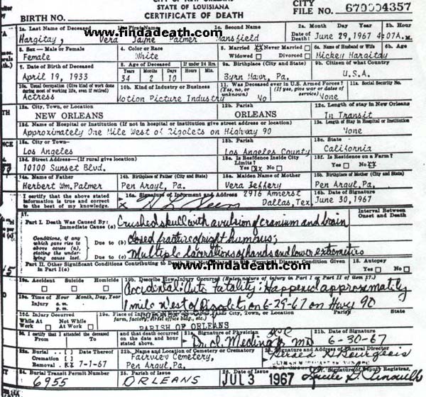 Jayne Mansfield's Death Certificate