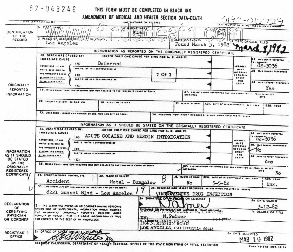 John Belushi's Death Certificate