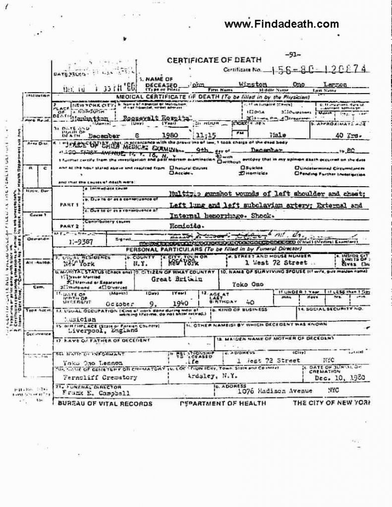 John Lennon's Death Certificate
