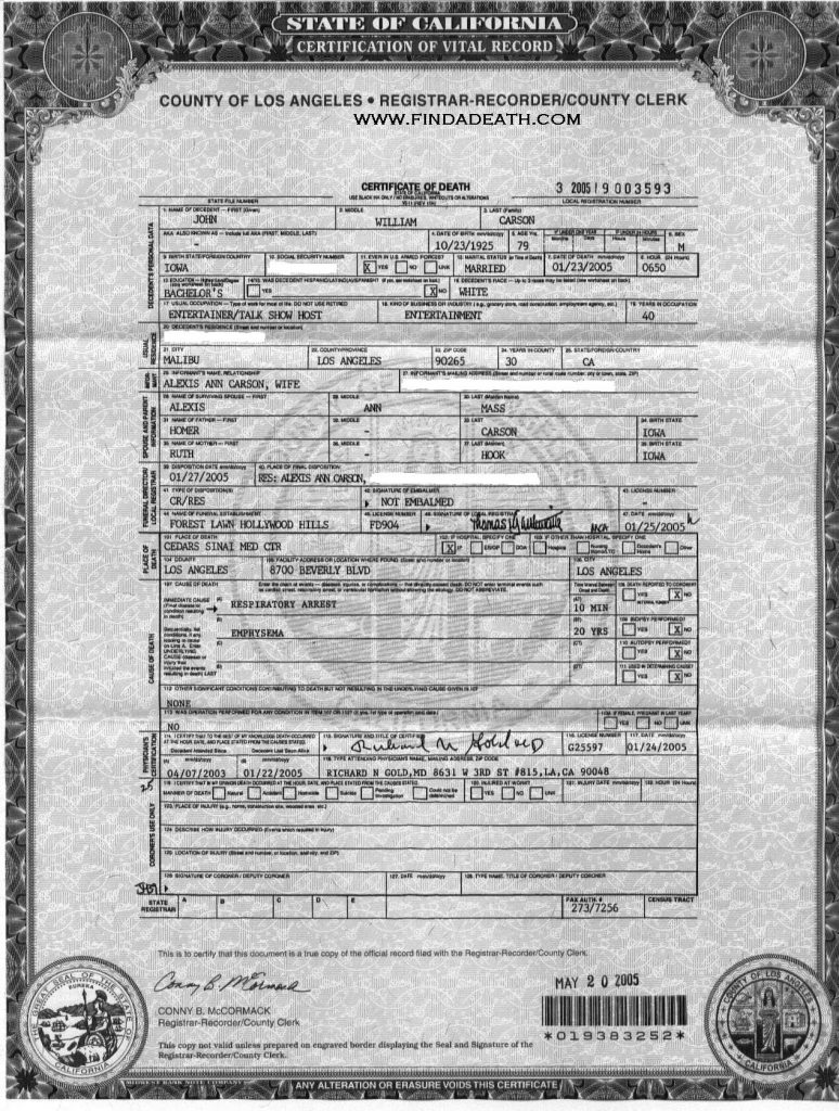 Johnny Carson's Death Certificate