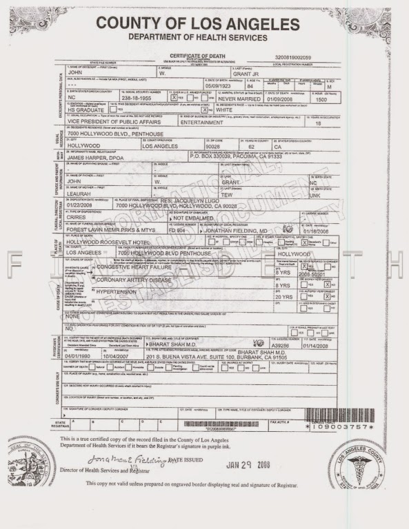 Johnny Grant's Death Certificate