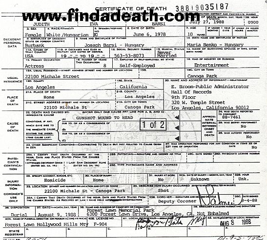 Judith Barsi's Death Certificate