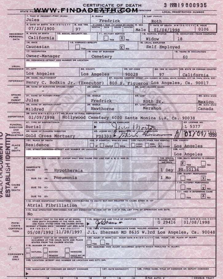 Jules Roth's Death Certificate