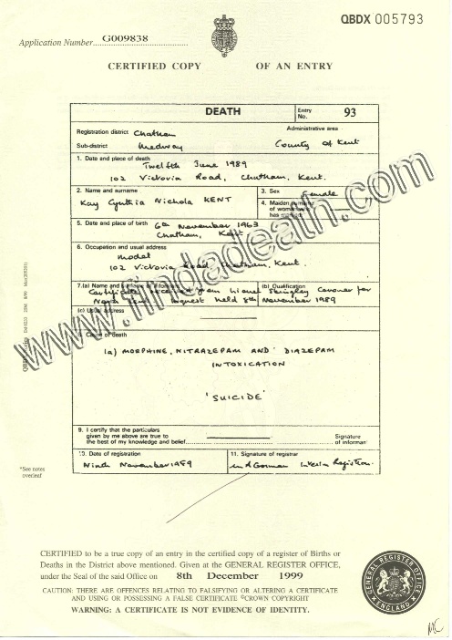 Kay Kent's Death Certificate