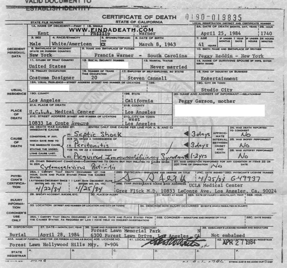 Kent Warner's Death Certificate