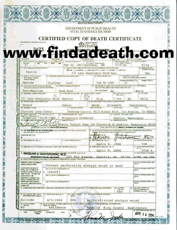 Kurt Cobain's Death Certificate