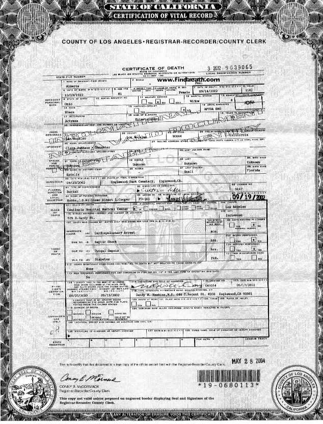 LaWanda Page's Death Certificate
