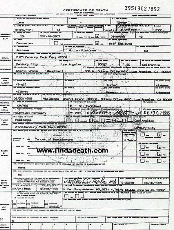 Lana Turner's Death Certificate