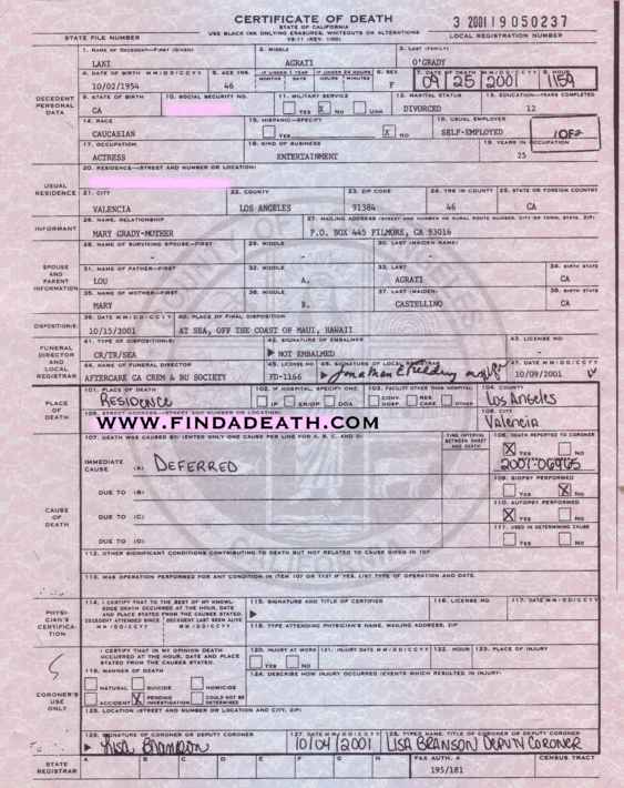 Lani O'Grady's Death Certificate