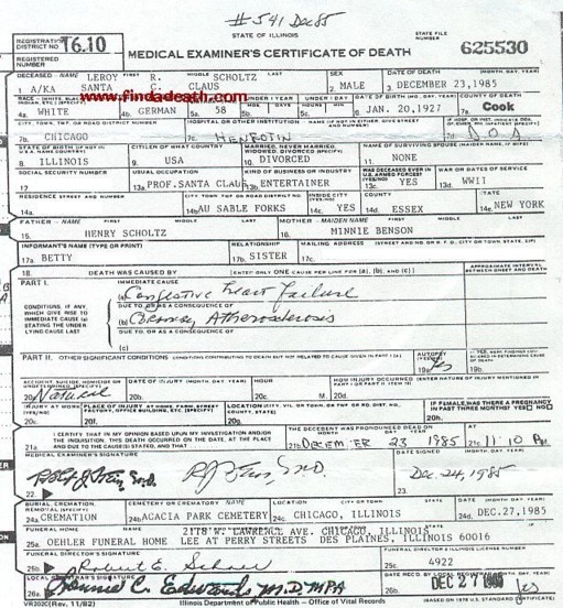 Leroy Scholtz' Death Certificate