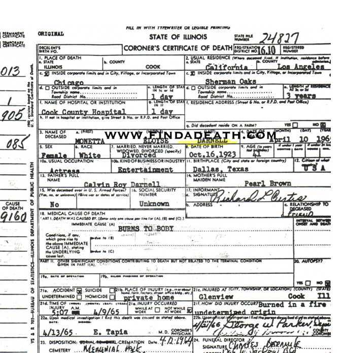 Linda Darnell's Death Certificate