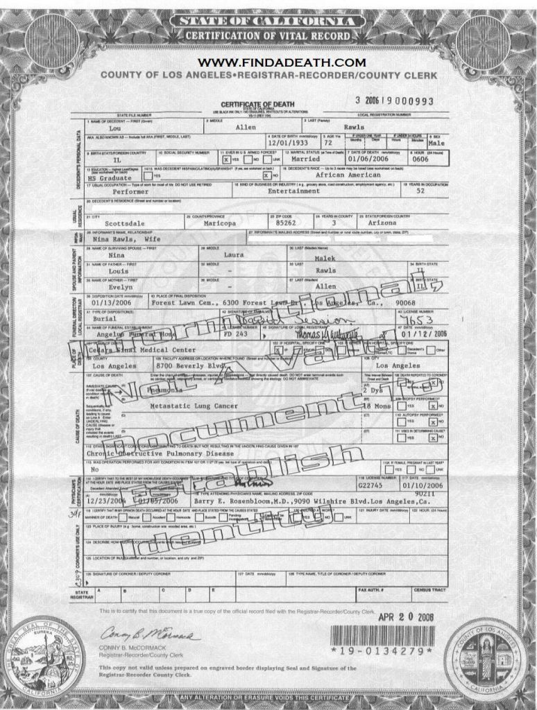 Lou Rawls' Death Certificate
