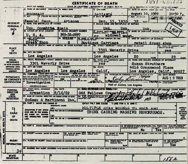 Rosemary LaBianca's Death Certificate