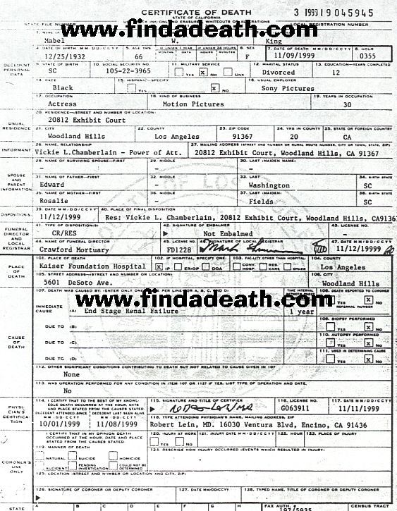 Mabel King's Death Certificate