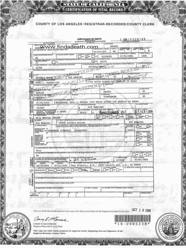 Marlon Brando's Death Certificate