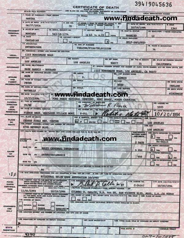 Martha Raye's Death Certificate