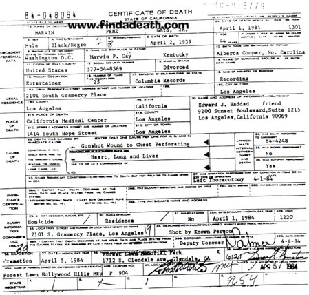 Marvin Gaye's Death Certificate