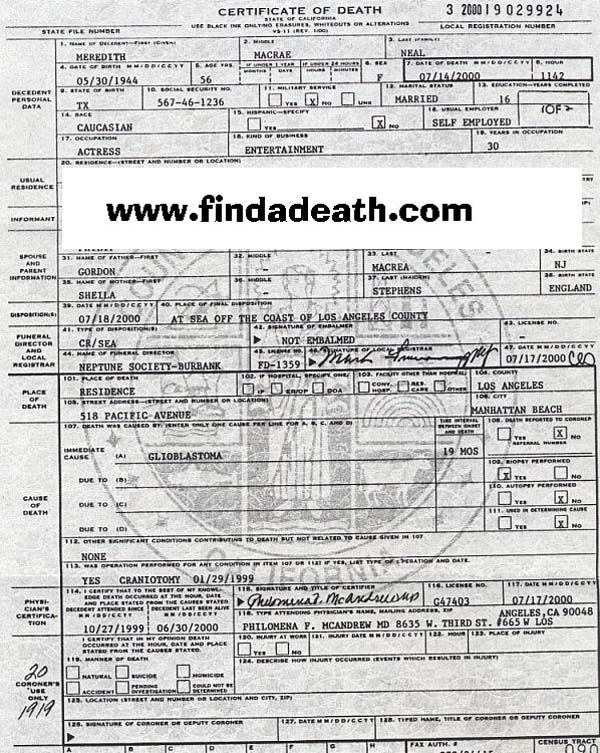 Meredith MacRae's Death Certificate