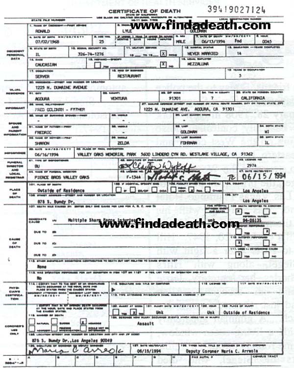 Ron Goldman's Death Certificate