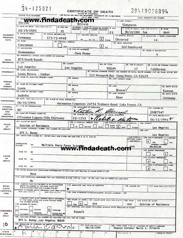 Nicole Brown Simpson's Death Certificate