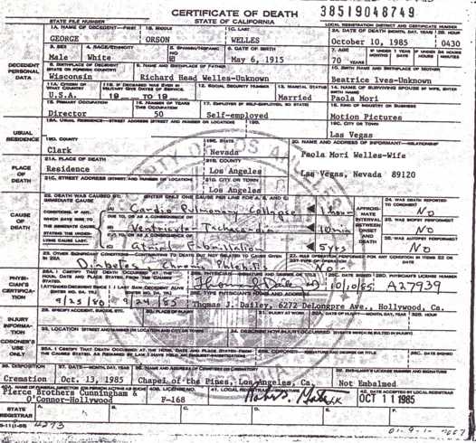Orson Welles' Death Certificate