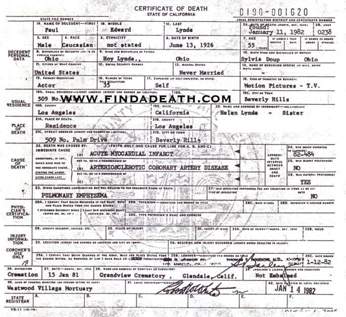 Paul Lynde's Death Certificate