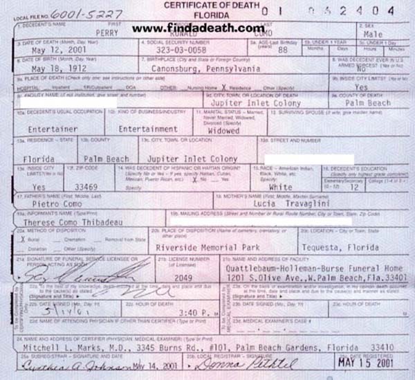 Perry Como's Death Certificate