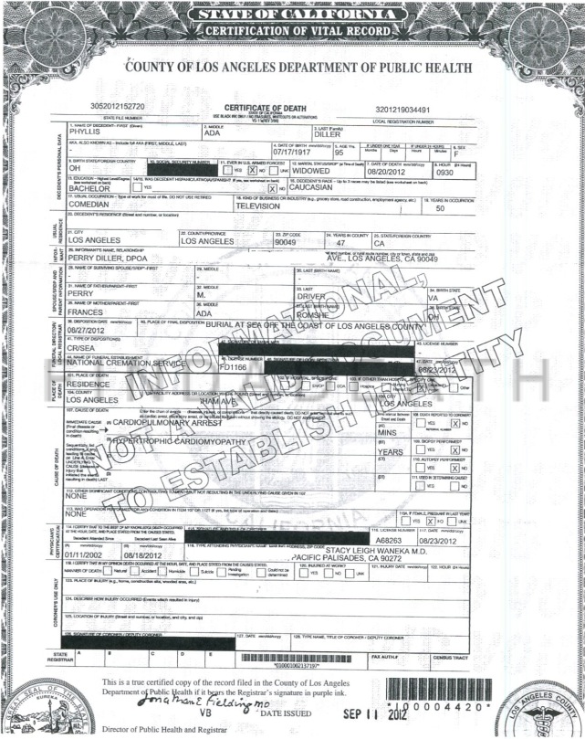 Phyllis Diller's Death Certificate