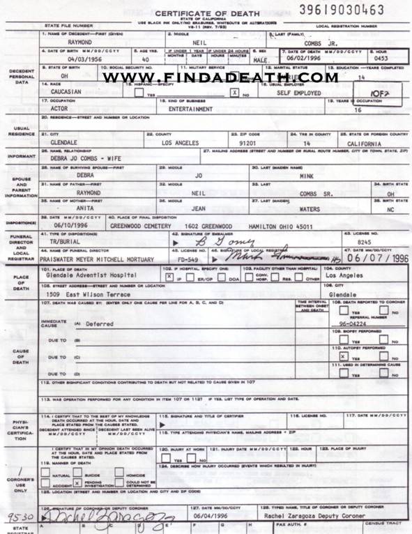 Ray Combs Jr. Death Certificate