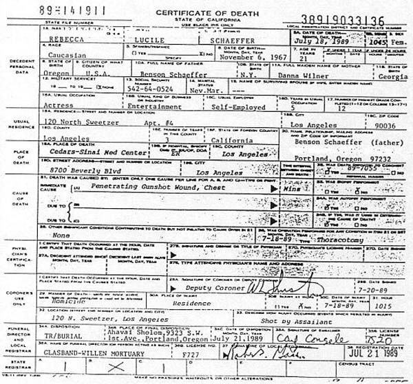 Rebecca Schaeffer's Death Certificate
